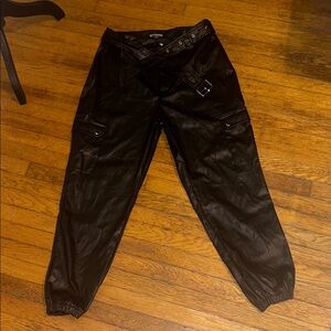 Kittenish Black Faux Leather Belted Pants